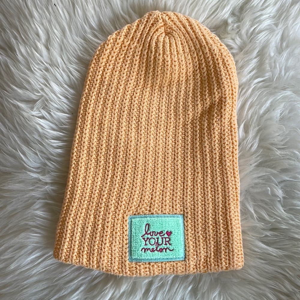 *NWOT*Love Your Melon Pastel Yellow Beanie with Neon Mint Patch & Pink Lettering